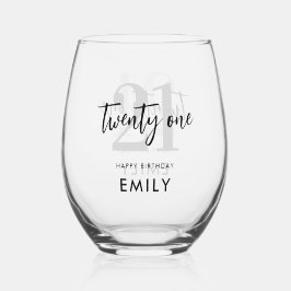 Modernes Schwarz-Weiß-Elegant 21. Geburtstag Weinglas Ohne Stiel