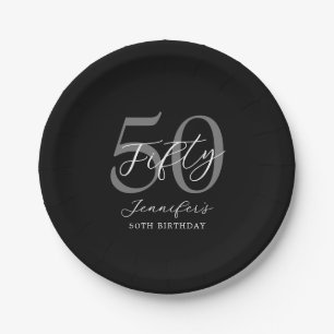 Modernes Schwarz-Weiß-Elegant 50. Geburtstag Pappteller