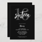Modernes Schwarz-Weiß-Elegant zum 16. Geburtstag Einladung (Vorne/Hinten)