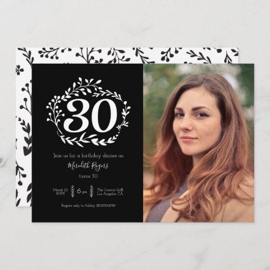 Modernes Schwarz-Weiß-Foliage Muster 30. Geburtsta Einladung (Vorne/Hinten)