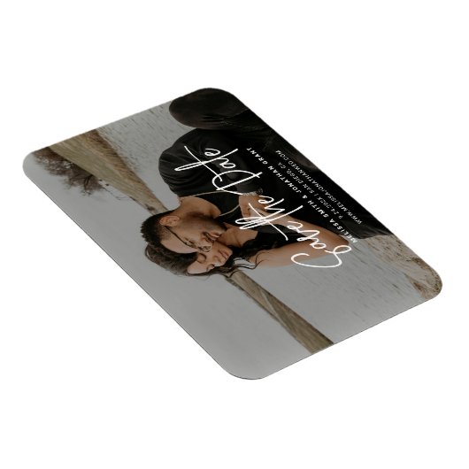 Modernes Schwarz-Weiß-Foto-Skript Save the Date Magnet (Rechte Seite)