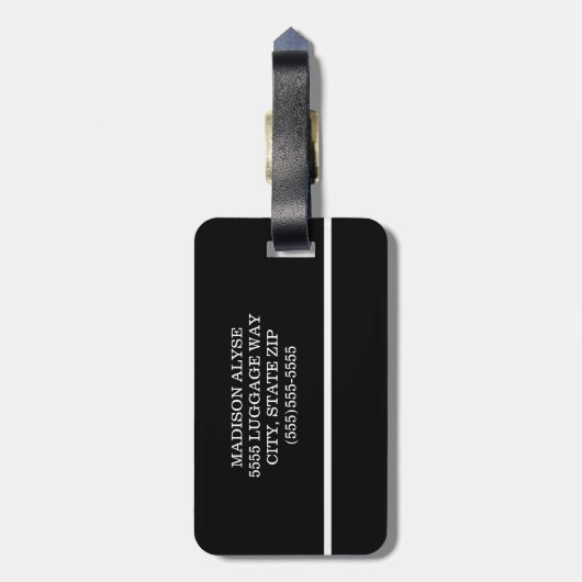 Modernes Schwarz-weiß gestreiftes Monogramm Gepäckanhänger (Rückseite vertikal)