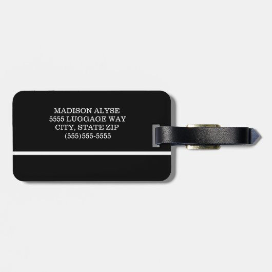 Modernes Schwarz-weiß gestreiftes Monogramm Gepäckanhänger (Rückseite horizontal)