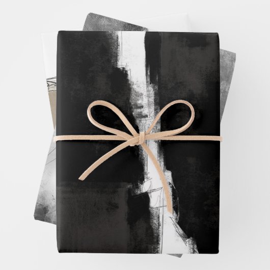 Modernes Schwarz-weiß-graues rustikales abstrakt Geschenkpapier Set (Beispiel)