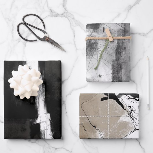 Modernes Schwarz-weiß-graues rustikales abstrakt Geschenkpapier Set (Vorderseite)