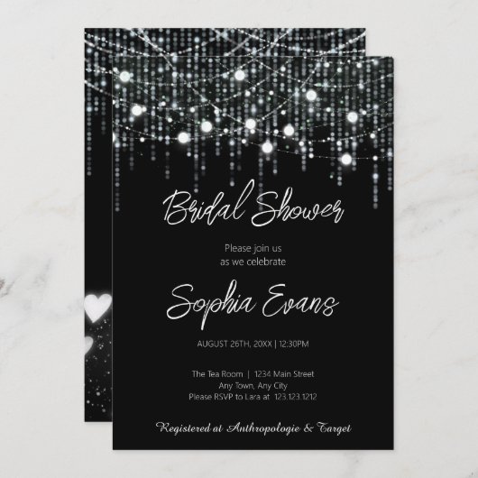 Modernes Schwarz-Weiß-Hanglicht-Brautparty Einladung (Vorne/Hinten)