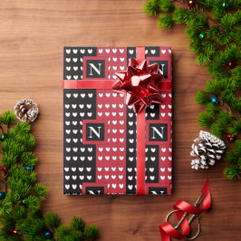 Modernes Schwarz-Weiß-Herz-Monogramm Geschenkpapier