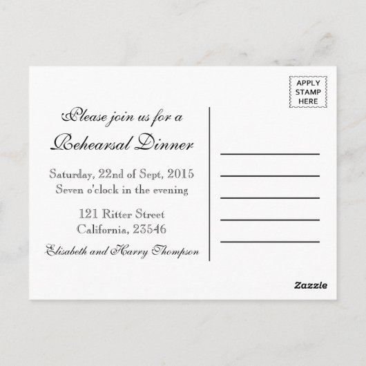 Modernes Schwarz/Weiß Hochzeitsessen Probe Postkarte (Rückseite)