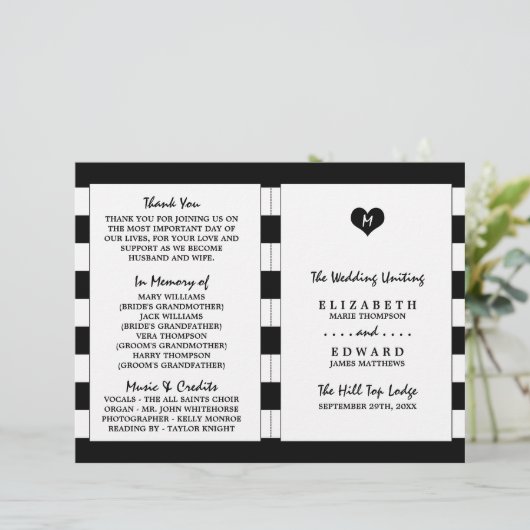 Modernes Schwarz-Weiß-Hochzeitsprogramm (Stehend Vorderseite)