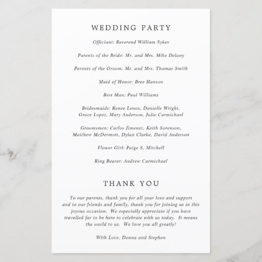 Modernes Schwarz-Weiß-Hochzeitsprogramm (Rückseite)