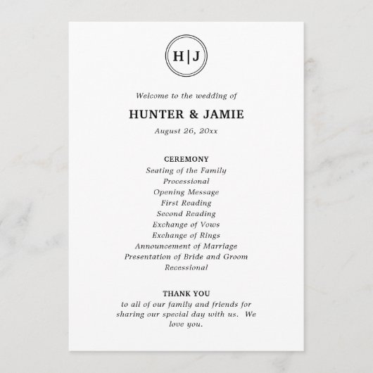 Modernes Schwarz-Weiß-Hochzeitsprogramm für Monogr Programm (Vorderseite)
