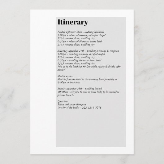 Modernes Schwarz-Weiß-Hochzeitsprogramm Programm (Rückseite)