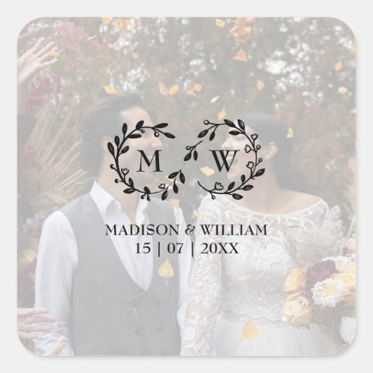 Modernes Schwarz-Weiß-Hochzeitssemble-Foto Quadratischer Aufkleber (Vorderseite)