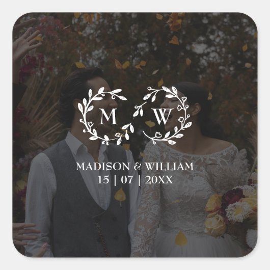 Modernes Schwarz-Weiß-Hochzeitssemble-Foto Quadratischer Aufkleber (Vorderseite)