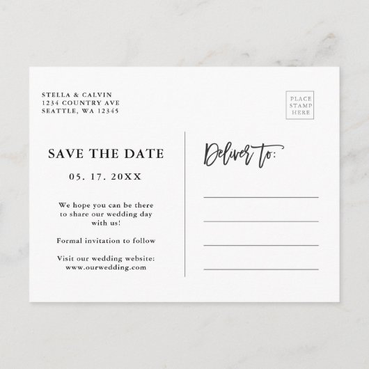 Modernes Schwarz-Weiß-Hochzeitssemble-Foto Save th Ankündigungspostkarte (Rückseite)