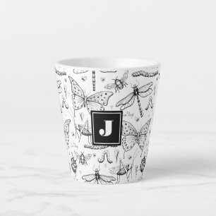 Modernes Schwarz-Weiß-Insekt-Illustrationsmonogram Milchtasse