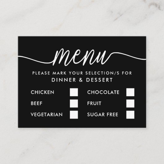 Modernes Schwarz/Weiß-Menü mit einfacher Skriptaus Begleitkarte (Vorderseite)