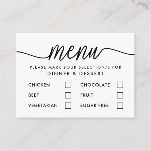 Modernes Schwarz/Weiß-Menü mit einfacher Skriptaus Begleitkarte (Vorderseite)