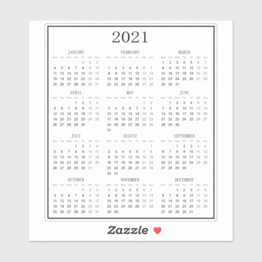 Modernes Schwarz-Weiß-Mini-Kalender 2021 Aufkleber (Blatt)