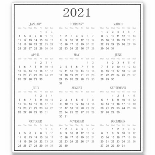 Modernes Schwarz-Weiß-Mini-Kalender 2021 Aufkleber (Vorderseite)