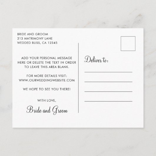 Modernes Schwarz-Weiß-Minimalistisch Save the Date Ankündigungspostkarte (Rückseite)