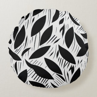 Modernes Schwarz-Weiß-Minimalistisches Leaf-Muster Rundes Kissen