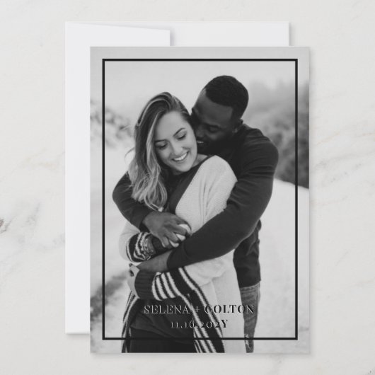 Modernes Schwarz & Weiß mit Foto Hochzeit Einladung (Rückseite)