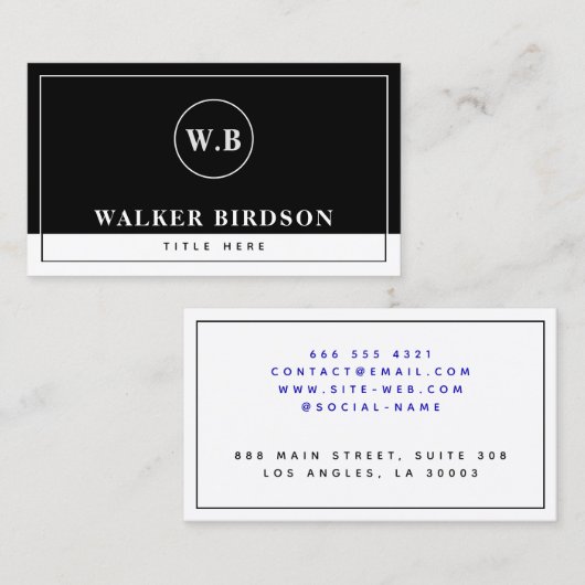 Modernes Schwarz-Weiß-Mit Monogramm Telefonnummerkarte (Vorne/Hinten)