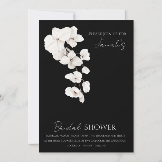 Modernes Schwarz-Weiß-Orchideen-Brautparty Einladung (Vorderseite)