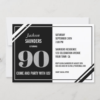 Modernes Schwarz-Weiß-Party zum 90. Geburtstag Einladung