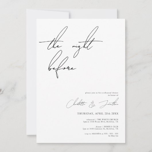 Modernes Schwarz-Weiß-Probe-Dinner Einladung (Vorderseite)