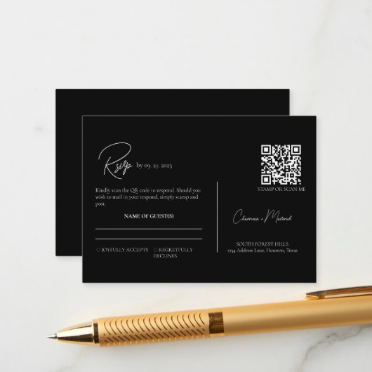 Modernes Schwarz-Weiß-QR-Code-Skript Hochzeit RSVP Begleitkarte (Vorderseite/Rückseite Beispiel)