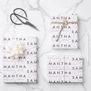 Modernes, Schwarz-weiß rosa Signature-Script Geschenkpapier Set