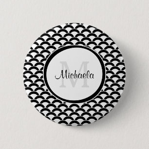 Modernes Schwarz-Weiß-Schuppen-Monogramm und Name Button