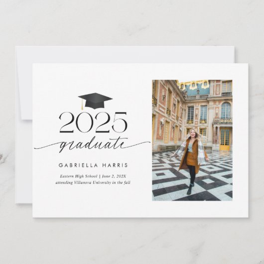 Modernes Schwarz-Weiß-Script-1-Foto-Abschluss Ankündigung (Vorderseite)