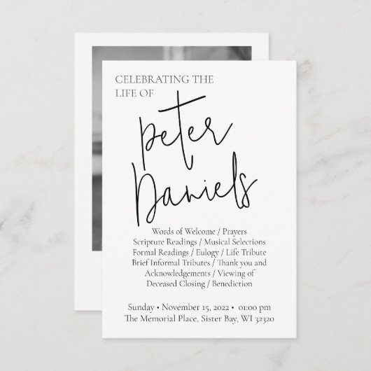 Modernes Schwarz-Weiß-Script-Foto-Beerdigungsprogr Einladung (Vorne/Hinten)