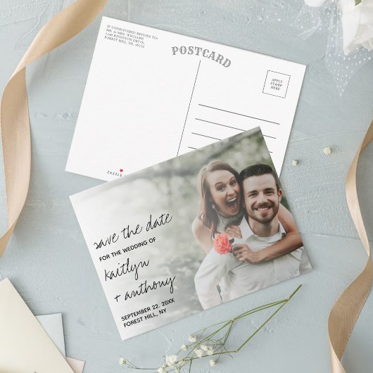 Modernes Schwarz/Weiß-Script Minimalistisches Foto Ankündigungspostkarte