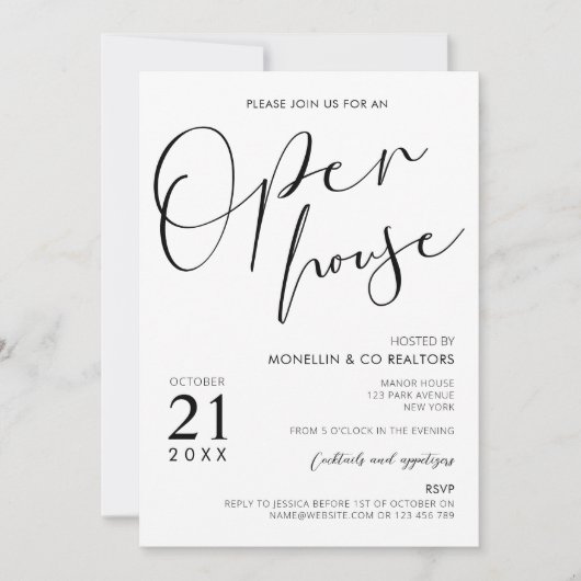Modernes Schwarz-Weiß-Script-Open House Einladung (Vorderseite)