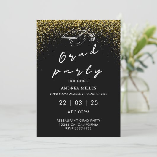 Modernes Schwarz-Weiß-Script-Party Einladung (Stehend Vorderseite)