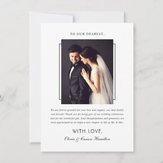 Modernes Schwarz-Weiß-Skript-Hochzeitskennzeichen- Dankeskarte (Rückseite)