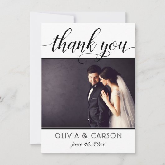 Modernes Schwarz-Weiß-Skript-Hochzeitskennzeichen- Dankeskarte (Vorderseite)