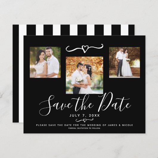 Modernes Schwarz-Weiß-Streifen-Foto Save the Date (Vorne/Hinten)
