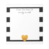 Modernes Schwarz/Weiß Streifen Gold Foil Herz Notizblock (Vorderseite)