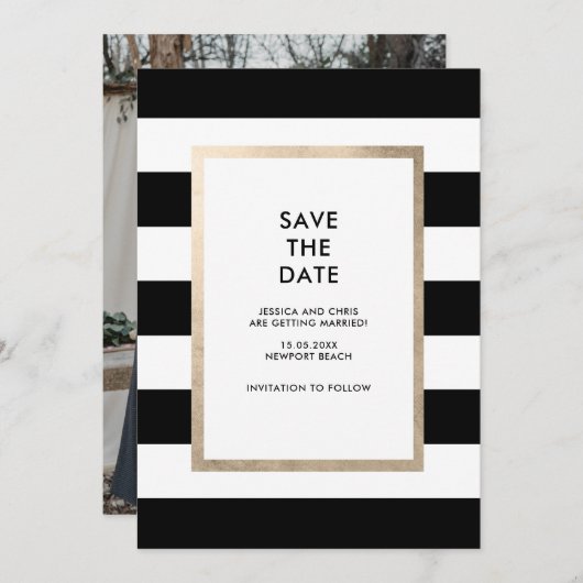 Modernes Schwarz-weiß Strip Rose Gold Foil Foto Einladung (Vorne/Hinten)