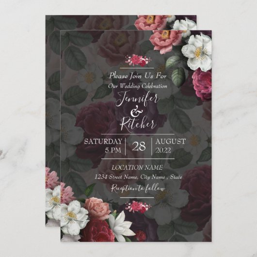 Modernes Schwarz-Weiß-Thema mit Burgund-Blume Einladung (Vorne/Hinten)