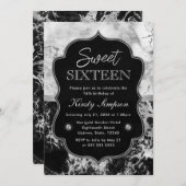 Modernes Schwarz-, Weiß- und Silbermarmor süß 16 Einladung (Vorne/Hinten)