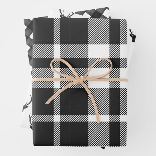 Modernes Schwarz & Weiß Weihnachten Kariert & Rent Geschenkpapier Set (Beispiel)