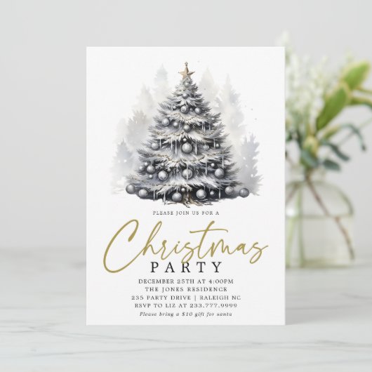 Modernes Schwarz-Weiß-Weihnachtsbaum-Party Einladung (Stehend Vorderseite)