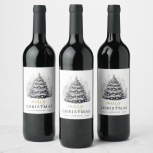 Modernes Schwarz-Weiß-Weihnachtsbaum-Party Weinetikett