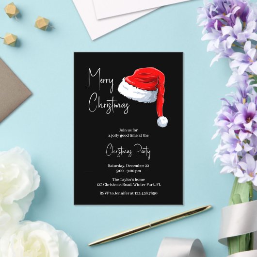 Modernes Schwarz-Weiß-Weihnachtsmannmütze Weihnach Acryleinladungen (In Situ (Hochzeit))